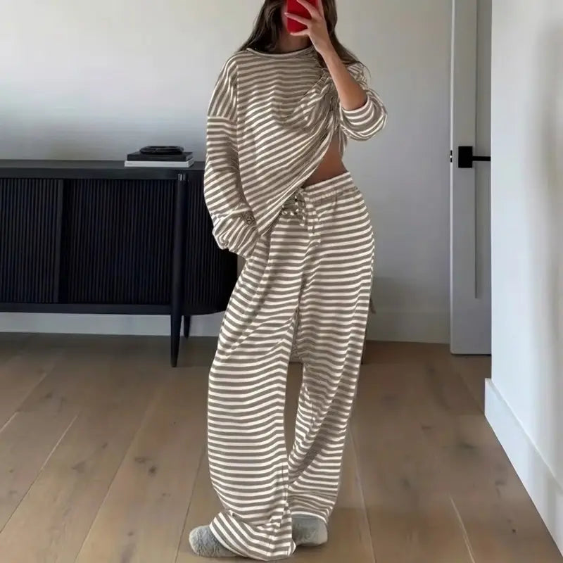 Women Striped 2 Piece Loungewear Set Crew Neck Top Wide Leg Pants