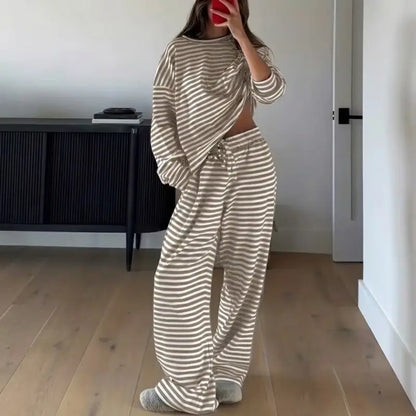 Women Striped 2 Piece Loungewear Set Crew Neck Top Wide Leg Pants