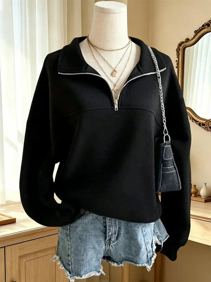 Women Half-Zip Mock Neck Solid Sweatshirt