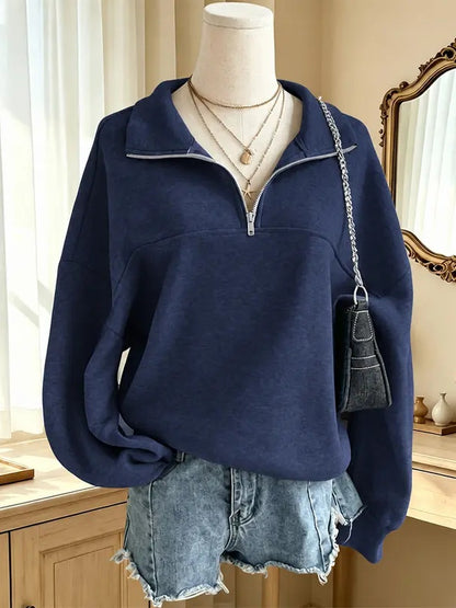 Women Half-Zip Mock Neck Solid Sweatshirt