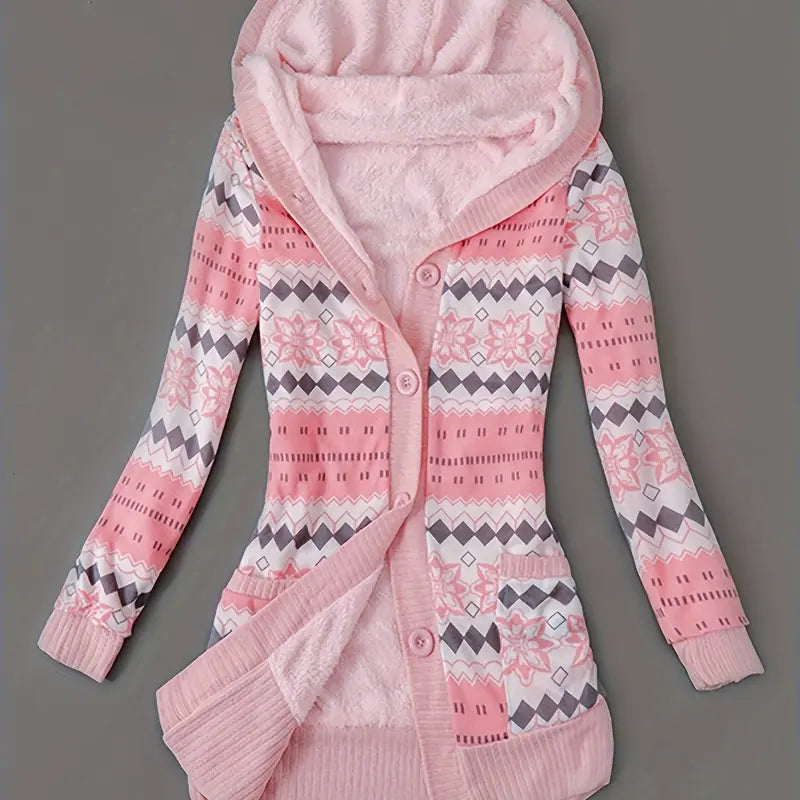 Y2K Geometric Fair Isle Hooded Button Knit Cardigan