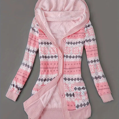 Y2K Geometric Fair Isle Hooded Button Knit Cardigan