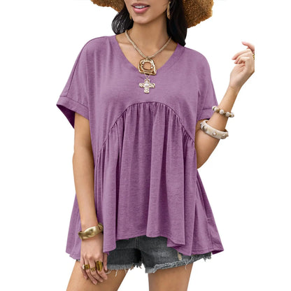 Women's Ruffled Top, Loose Babydoll Style, Short-Sleeve V-Neck T-Shirt