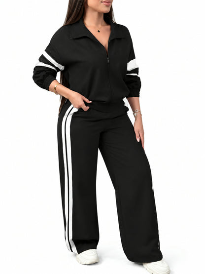 Women Zip Jacket & Striped Wide Leg Pant Set