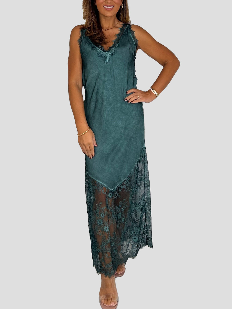 V-Neck Lace Trim Maxi Dress