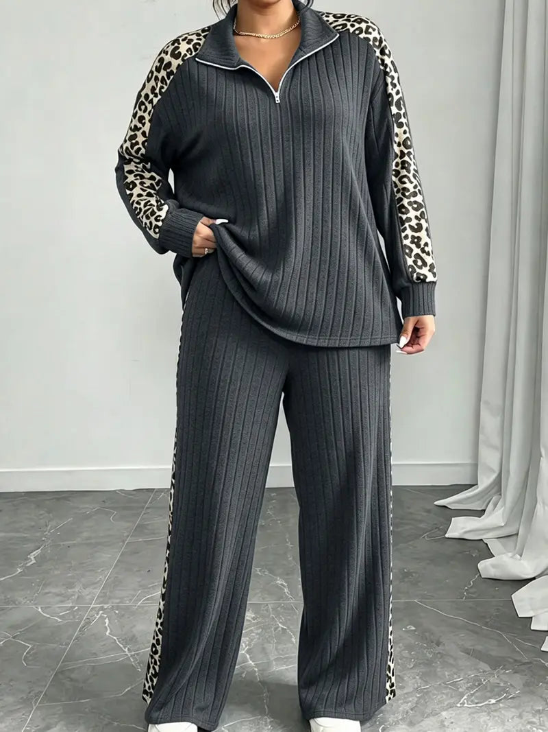Plus Size Women Leopard Ribbed 2 Piece Outfit