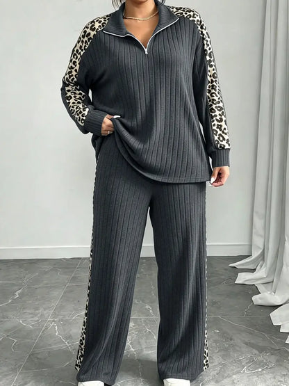 Plus Size Women Leopard Ribbed 2 Piece Outfit