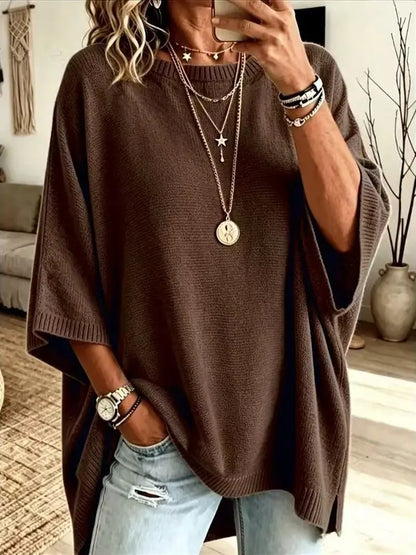 Women Round Neck Side Slit Oversized Batwing Sleeve Knit Top
