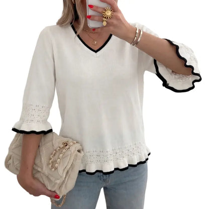 Women V Neck Eyelet Knit Pullover with 3/4 Ruffle Sleeve