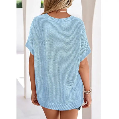 Women Loose V Neck Pocket Short Sleeve Knit Top