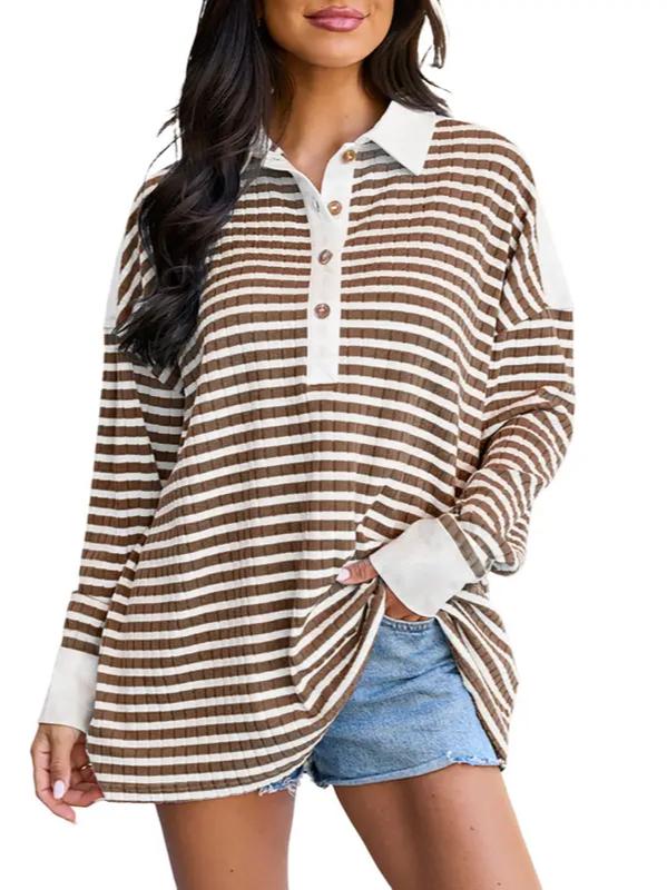 Women Oversized Striped Drop‑Shoulder Polo Shirt