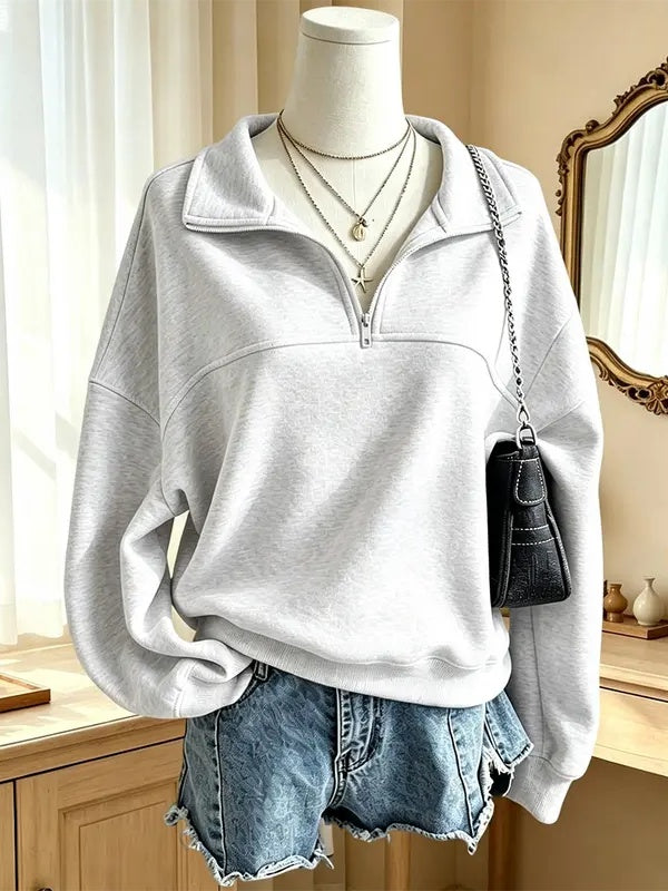 Women Half-Zip Mock Neck Solid Sweatshirt