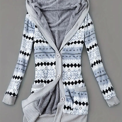 Y2K Geometric Fair Isle Hooded Button Knit Cardigan