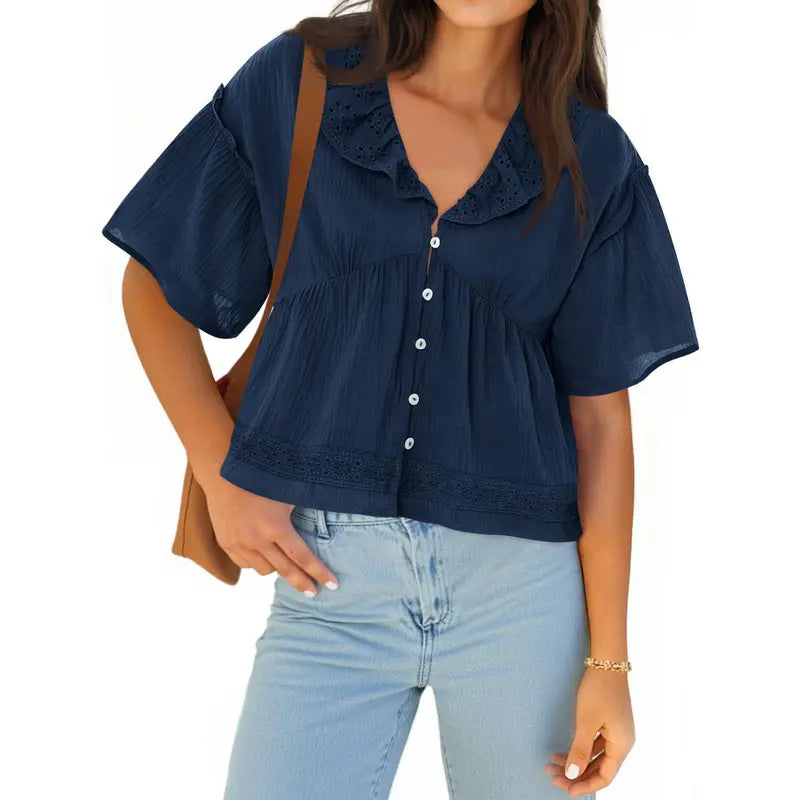 Womens Cropped Babydoll Tops Summer Eyelet V Neck Short Sleeve Cute Blouses Ruffle Shirts