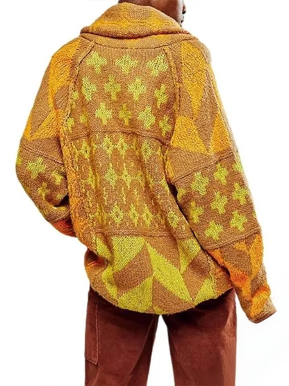Women's Y2K Colorblock Print Lapel Button Down Oversized Knit Cardigan