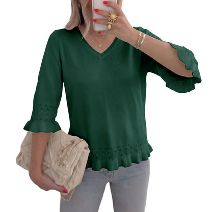 Women V Neck Eyelet Knit Pullover with 3/4 Ruffle Sleeve