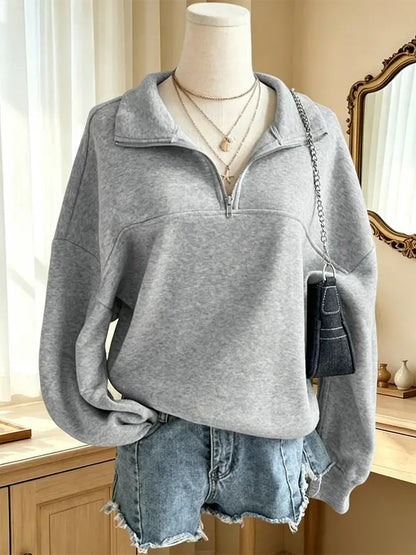 Women Half-Zip Mock Neck Solid Sweatshirt