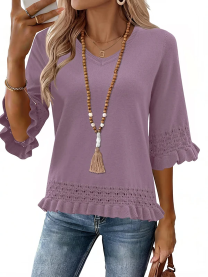 Women V Neck Eyelet Knit Pullover with 3/4 Ruffle Sleeve