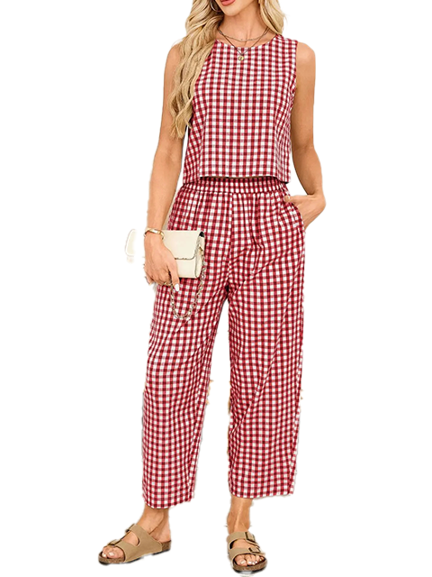 Women Plaid Sleeveless Crop Top & Elastic Waist Wide Leg Pants 2 Piece Matching Set