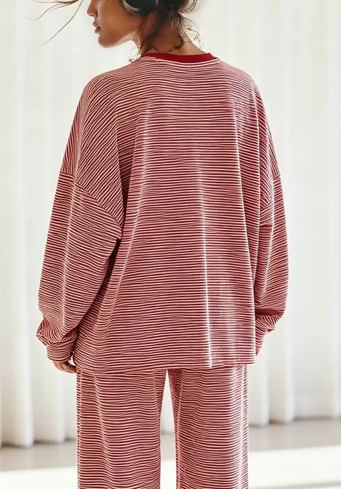 Striped Crew Neck Split Hem Top & Pants Two Piece Set