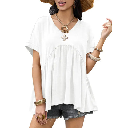 Women's Ruffled Top, Loose Babydoll Style, Short-Sleeve V-Neck T-Shirt