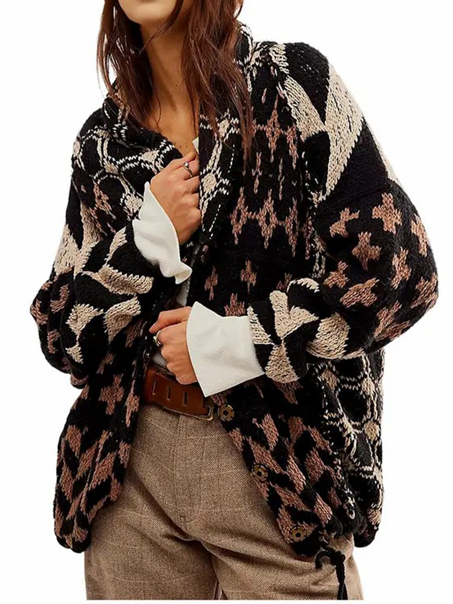 Women's Y2K Colorblock Print Lapel Button Down Oversized Knit Cardigan