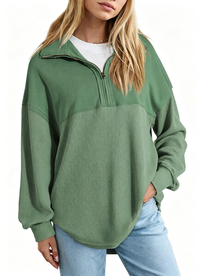 Women's  Waffle Knit Half Zip Pullover Casual Sweatshirt