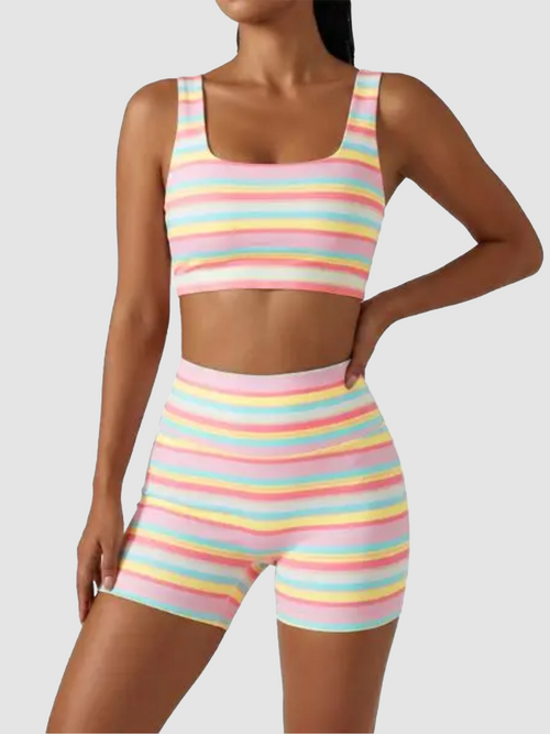 Women’s Rainbow Stripe 2 Piece Workout Set Tank Top High Shorts Matching