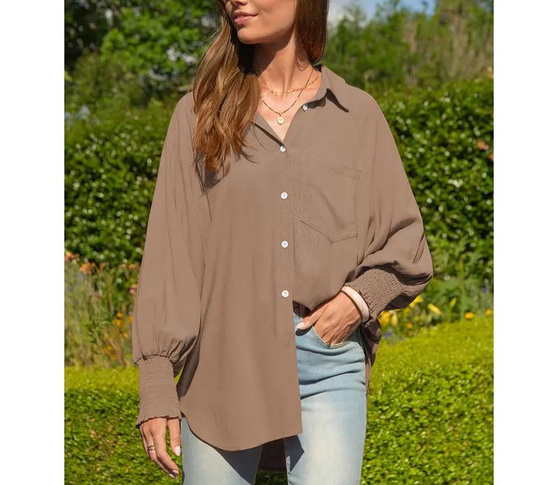 Women Loose Linen Blend Pocket Shirt with Smocked Elastic Cuffs