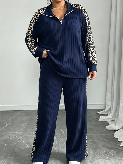 Plus Size Women Leopard Ribbed 2 Piece Outfit