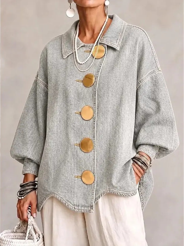 Vintage Washed Denim Coat With Large Buttons