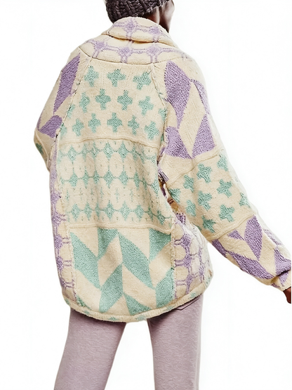 Women's Y2K Colorblock Print Lapel Button Down Oversized Knit Cardigan