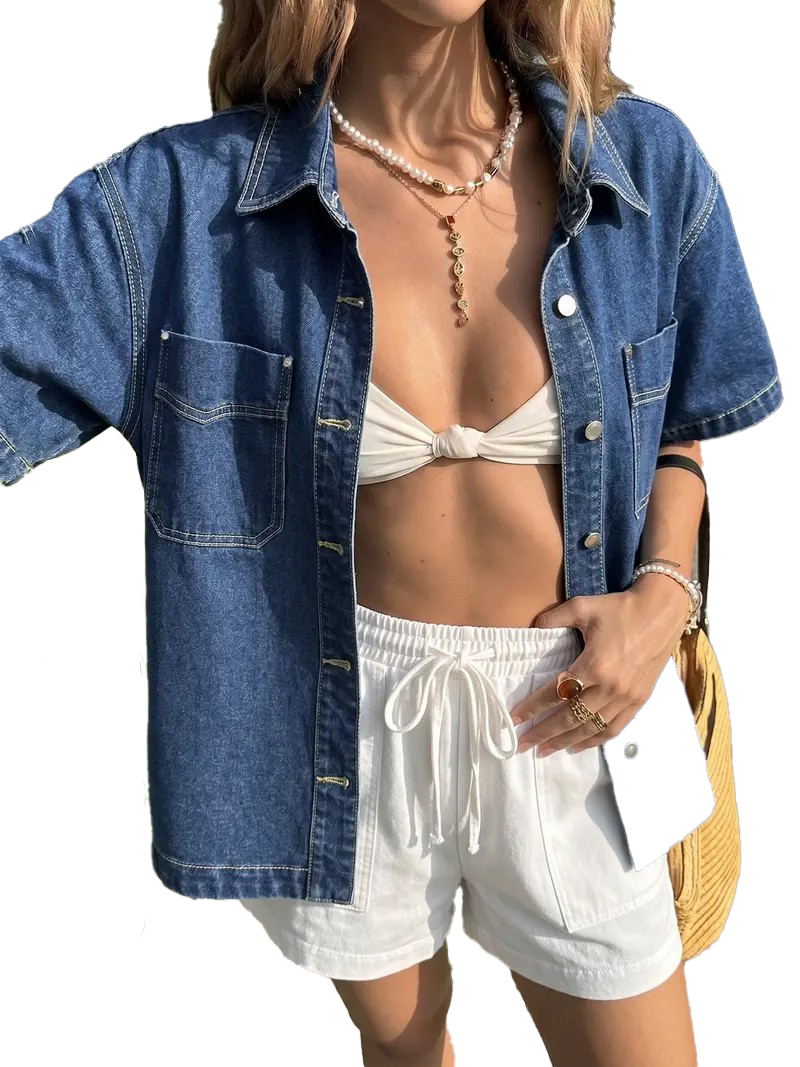 Women Loose Short Sleeve Button Down Denim Trucker Jacket With Chest Pockets
