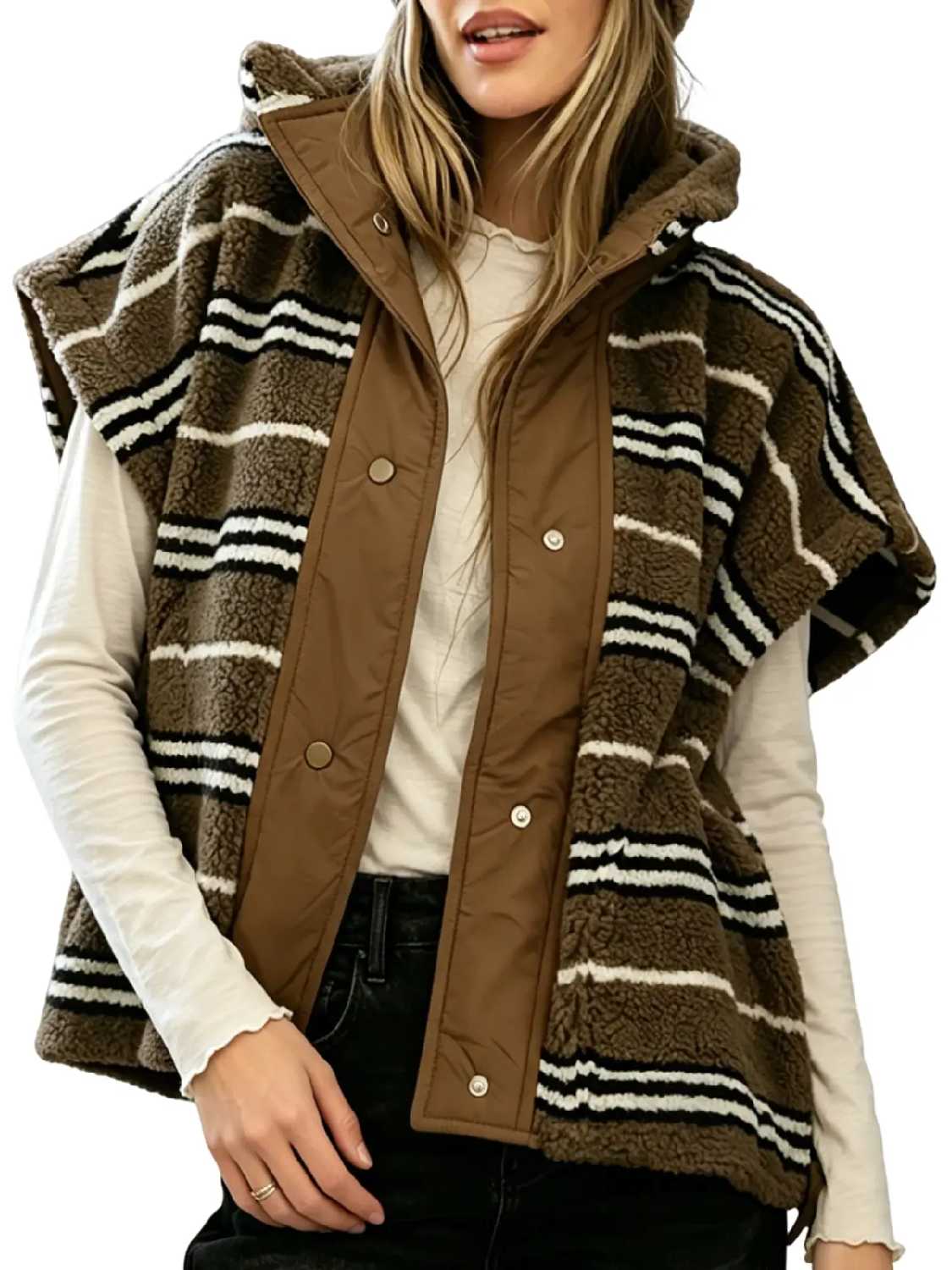 Hot Sale-Women's Stand Collar Striped Sherpa Fleece Vest