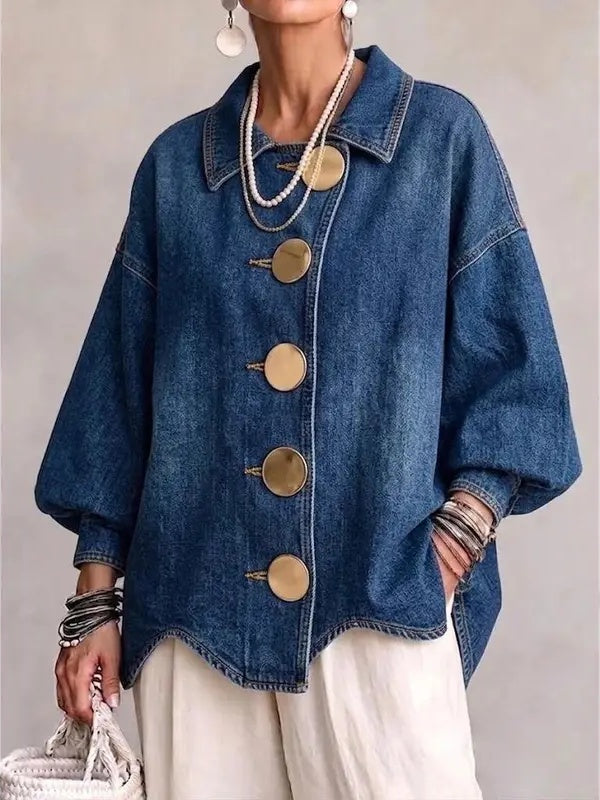 Vintage Washed Denim Coat With Large Buttons