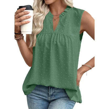 Women's Lace V Neck Dressy Casual Sleeveless Blouses Elegant Swiss Dot Smocked Shirts