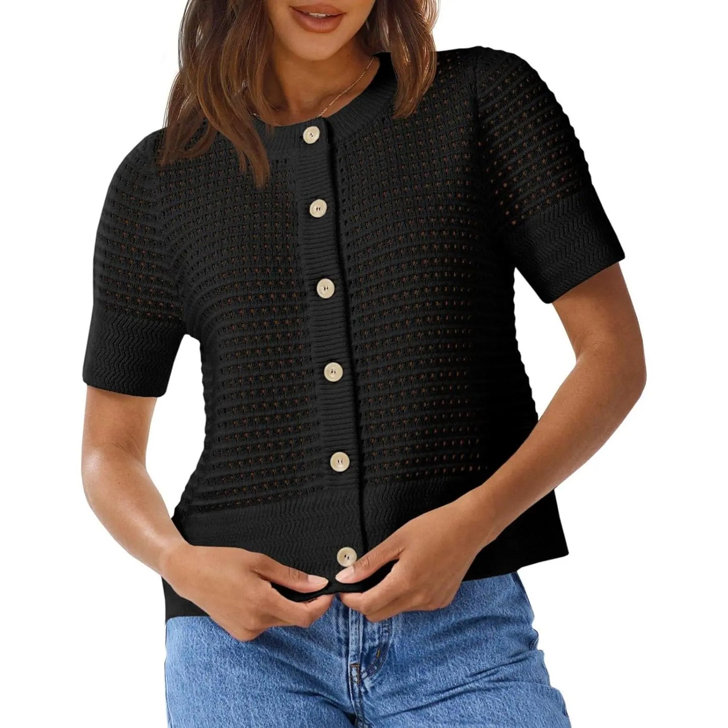 Womens Crochet Short Sleeve Cardigans Button Up Crew Neck Summer