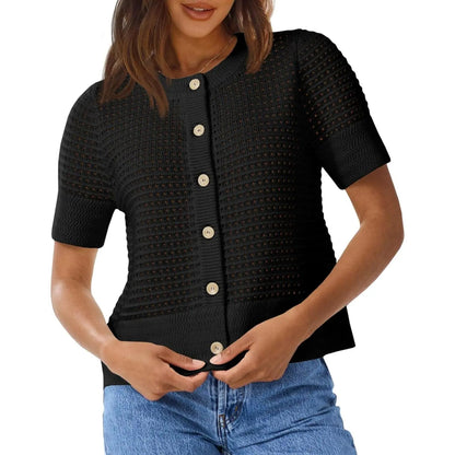 Womens Crochet Short Sleeve Cardigans Button Up Crew Neck Summer
