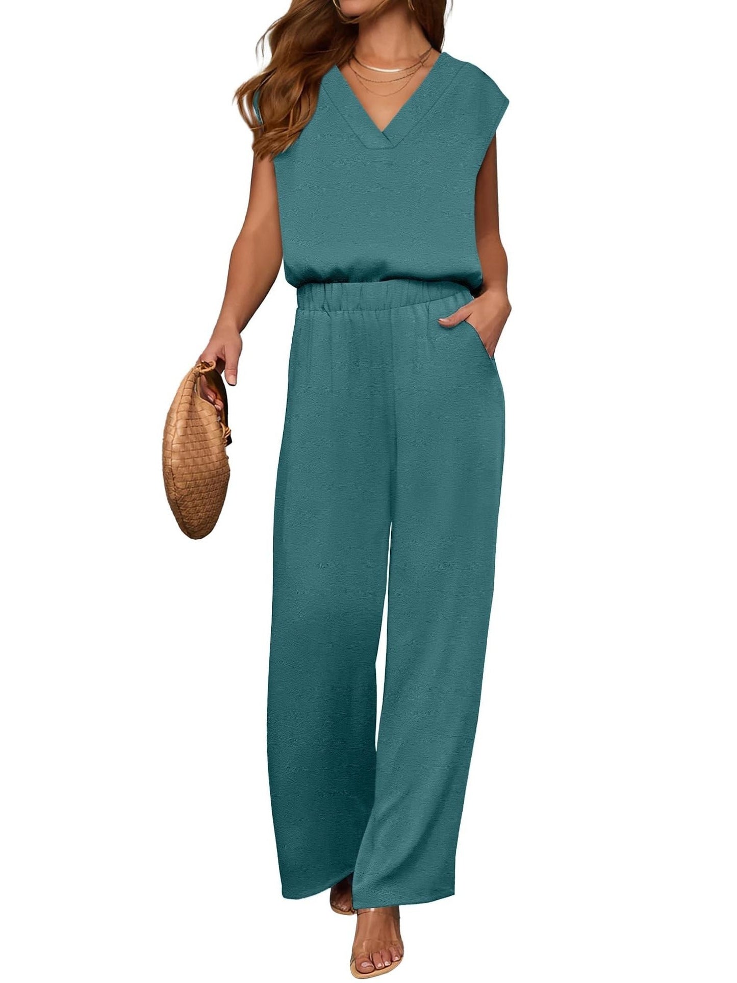 2 Piece Sets for Women Lounge Outfits Summer V Neck Cap Sleeve Top Wide Leg Pants