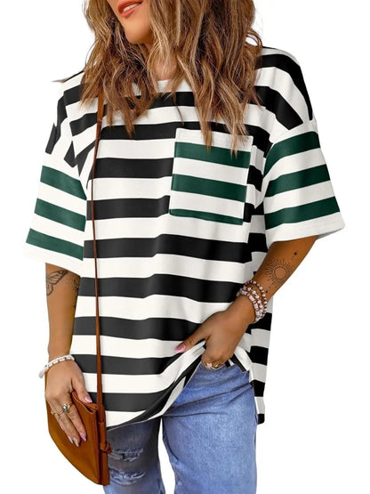 Womens Oversized Color Block Striped Tshirts Summer Casual Short Sleeve Tops