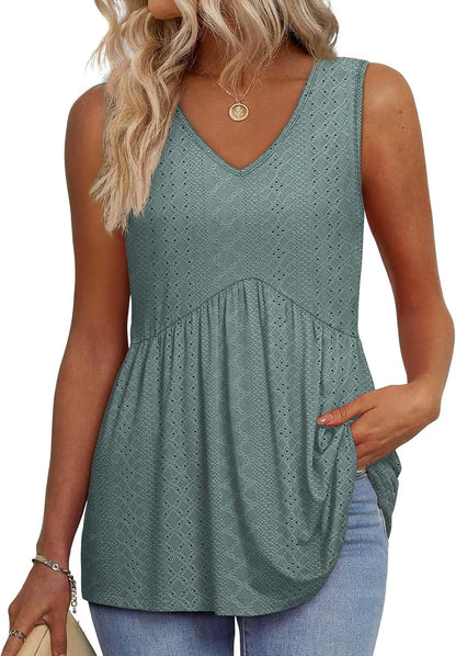 📣Women's Print Flowy Sleeveless V Neck Peplum Tank Tops