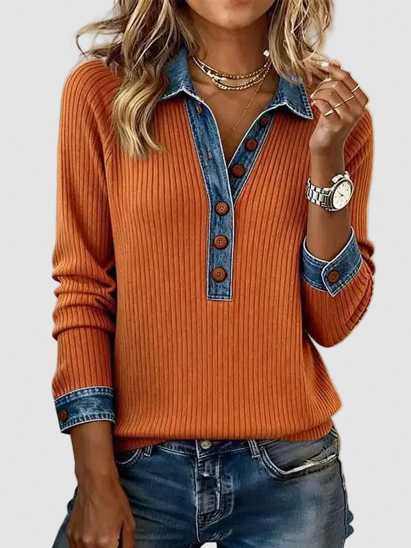 Women Denim Collar Contrast Cuff Fall Top