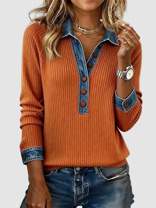 Women Denim Collar Contrast Cuff Fall Top