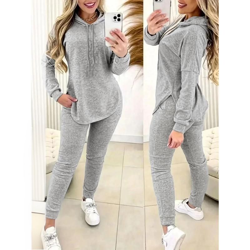 Women's Solid 2-Piece Outfit Drawstring Hooded Long Sleeve Top & Slim Fit Casual Pants