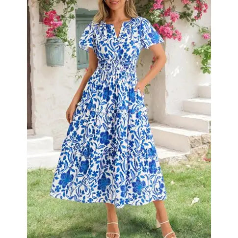 Women‘s Summer Short Sleeve Maxi Dresses Casual Floral