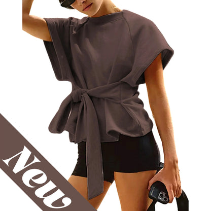 Women's Tie Waist Short Sleeve Crewneck Tee, Slimming Knot Front T-Shirt