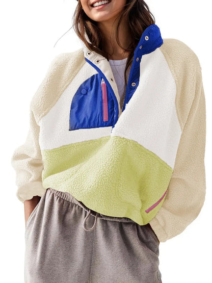 Women Color Block Half Snap Cropped Fleece Pullover Jacket