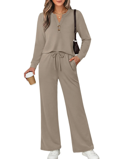 ⏰Hot Sale-Women Two Piece Lounge Set Long Sleeve Top Wide Leg Pants