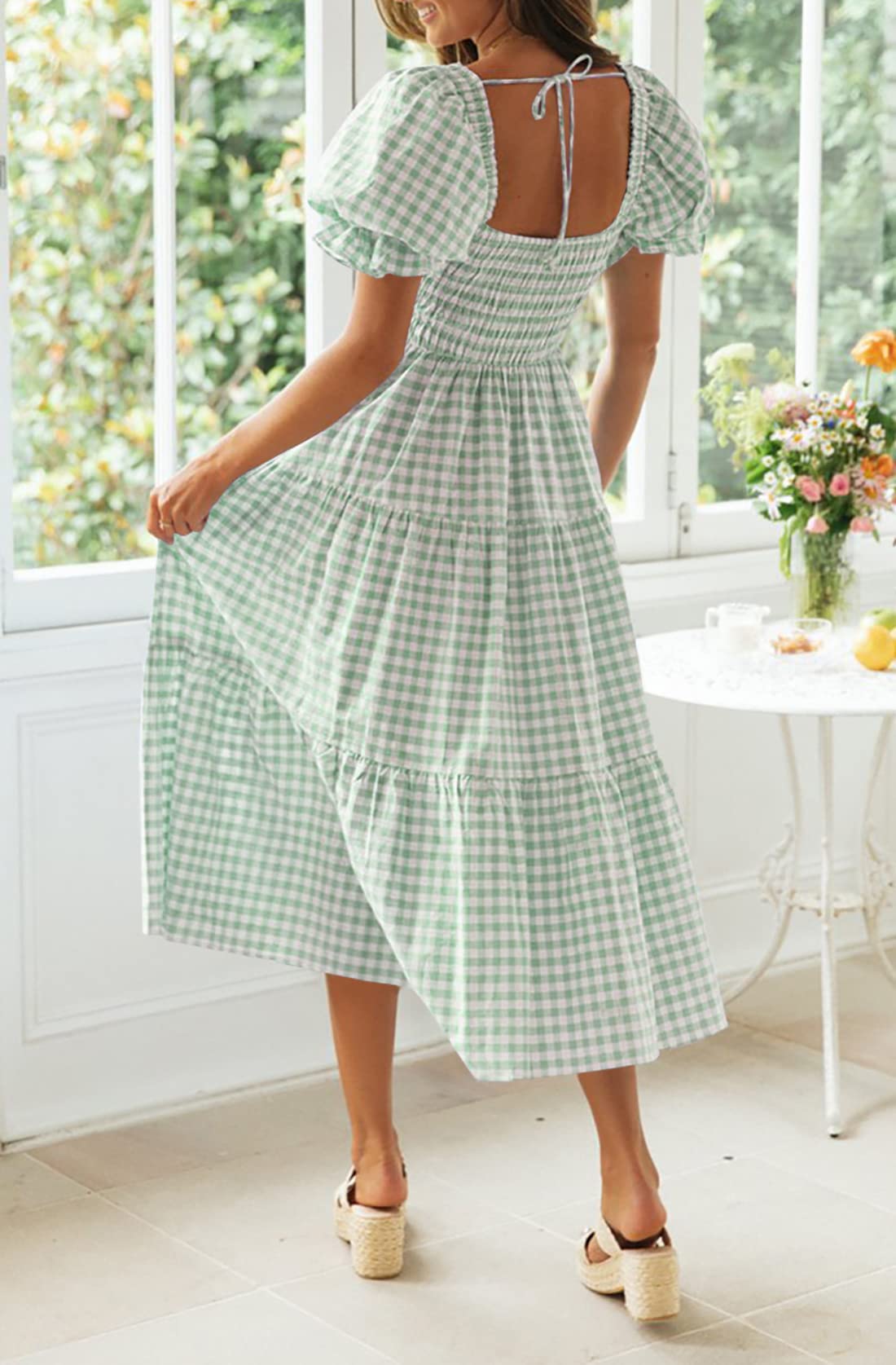 ✨Women's 2025 Summer Plaid Tiered Square Neck Puff Sleeve Ruffle Flowy Midi Dress