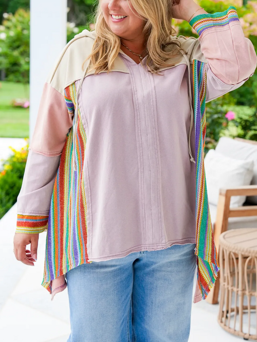 Hot Sale Colorblock Long Sleeve Top with Rainbow Crochet Details